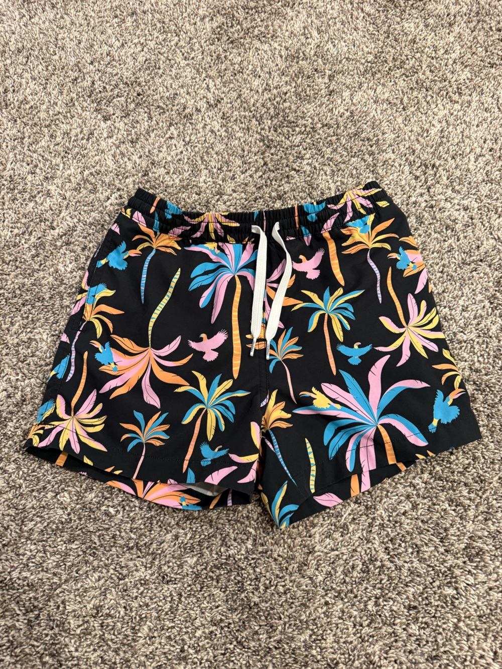 chubbies Black Tropical Palm Print Swim Shorts with Multicolor Accents